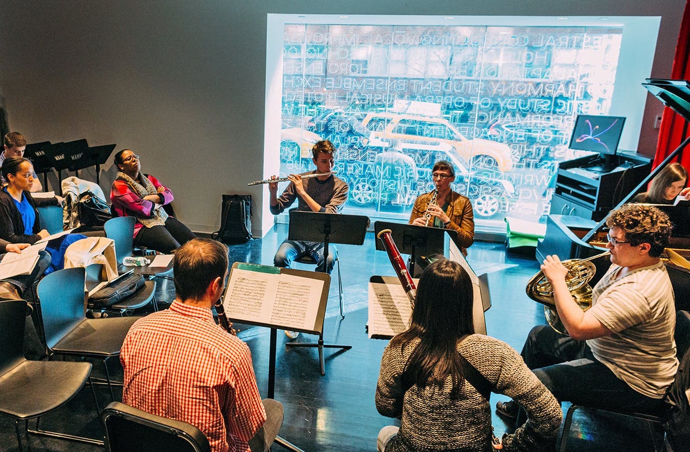 Located at 55 West 13th Street, The New School's 20,000-square-foot facility offers spaces in which students can develop their artistry. Here students improvise in one of many rehearsal and performance spaces.